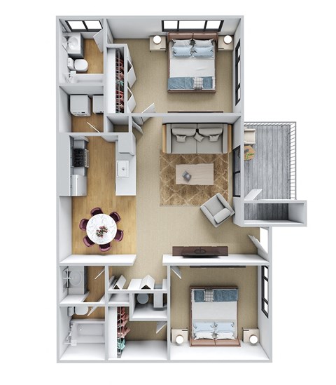 Floor plan for 2 beds, 2 baths, 942 sqft
